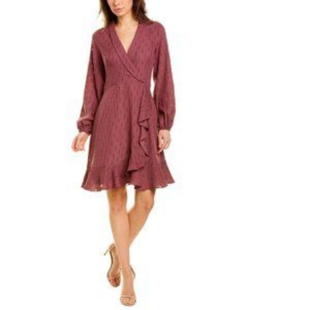 London Times Clip Dot Shawl Collar Faux Wrap Long Sleeve Ruffle Dress Plum Sz 4